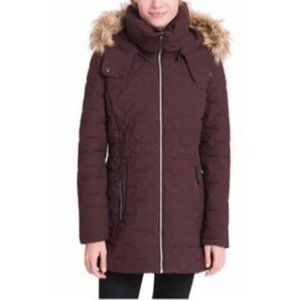 Mark New York Purple Women's Quilted Jacket With Hoodie Stretch Faux Down Size L
